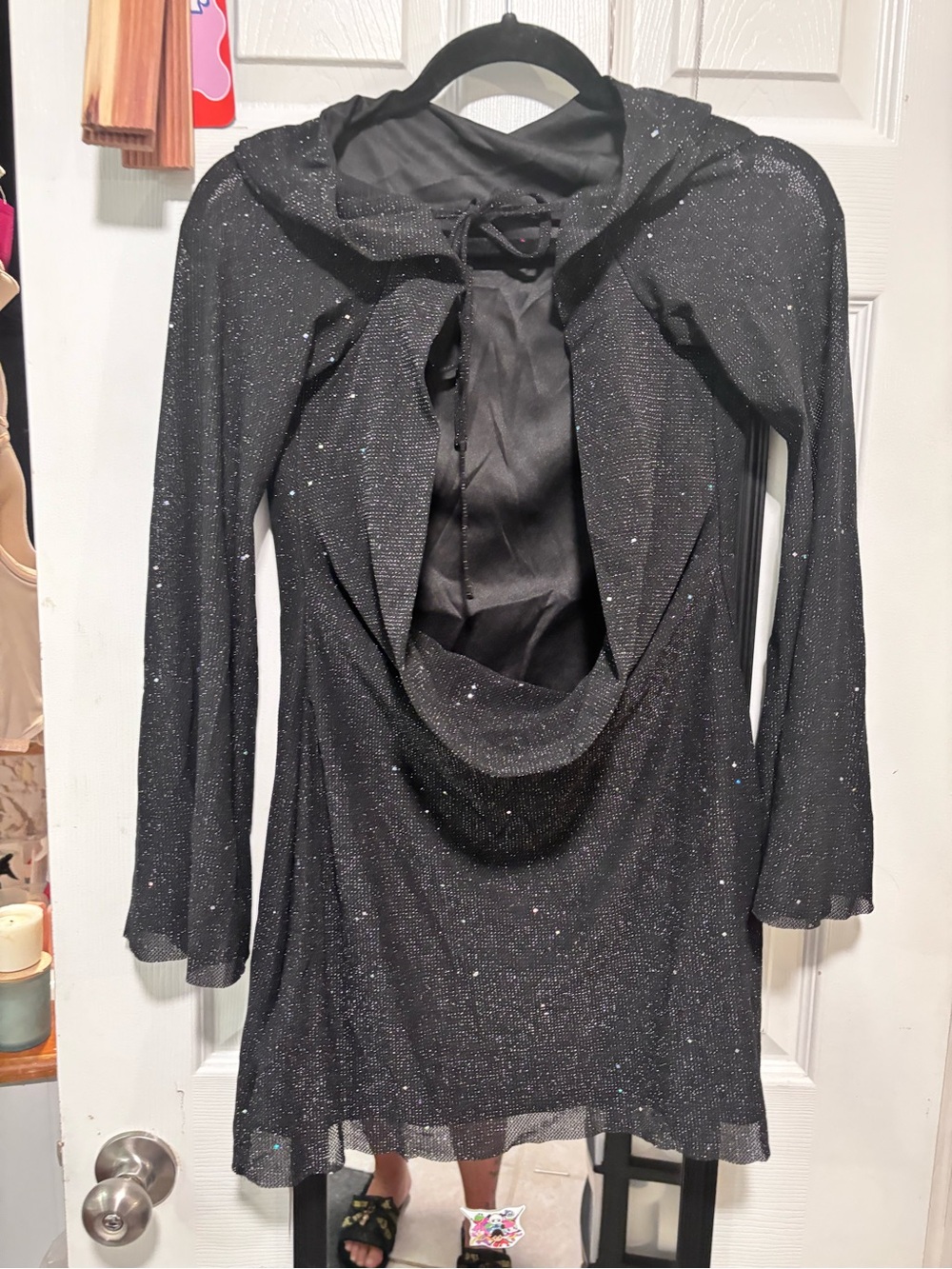 New! Black Sparkly Sequin Backless Tie Mini Long Sleeve mini dress - Picture 7 of 10